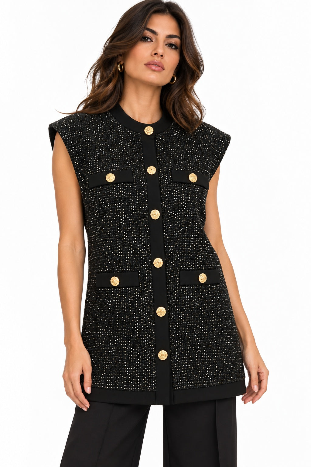 Actualee | Gilet Donna Elegante in Tweed con Dettagli Luminosi e Bottoni Gioiello | Nero | GL67-17153-BLACK