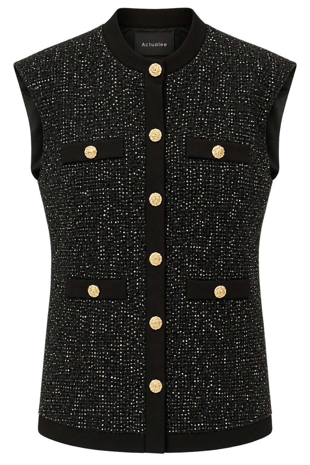 Actualee | Gilet Donna Elegante in Tweed con Dettagli Luminosi e Bottoni Gioiello | Nero | GL67-17153-BLACK