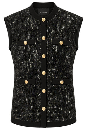 Actualee | Gilet Donna Elegante in Tweed con Dettagli Luminosi e Bottoni Gioiello | Nero | GL67-17153-BLACK