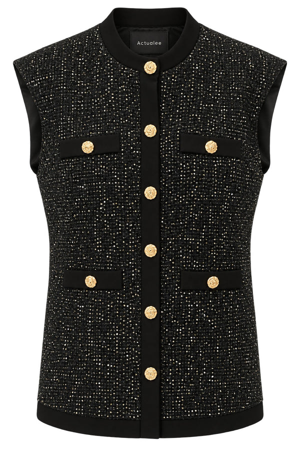 Actualee | Gilet Donna Elegante in Tweed con Dettagli Luminosi e Bottoni Gioiello | Nero | GL67-17153-BLACK