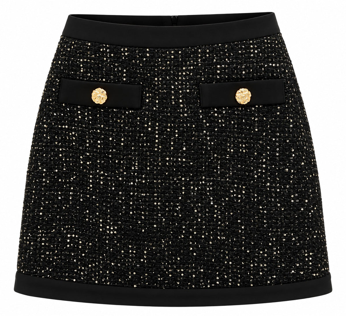 Actualee | Minigonna Donna in Tweed Luminoso con Bottoni Gioiello Dorati | Nero | GO3565-17152-BLACK