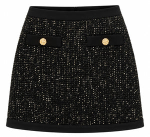 Actualee | Minigonna Donna in Tweed Luminoso con Bottoni Gioiello Dorati | Nero | GO3565-17152-BLACK