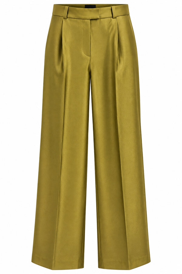 Actualee | Pantalone Donna Elegante a Gamba Larga con Pieghe Sartoriali | Verde Oliva | PA3043-17118-OLIVA