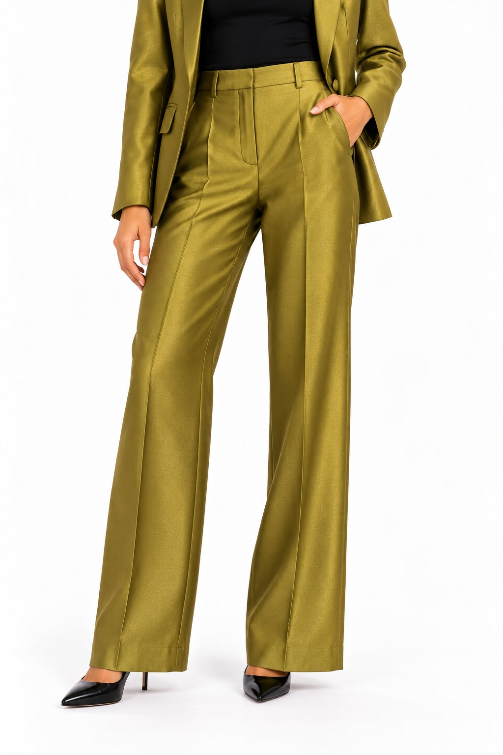 Actualee | Pantalone Donna Elegante a Gamba Larga con Pieghe Sartoriali | Verde Oliva | PA3043-17118-OLIVA