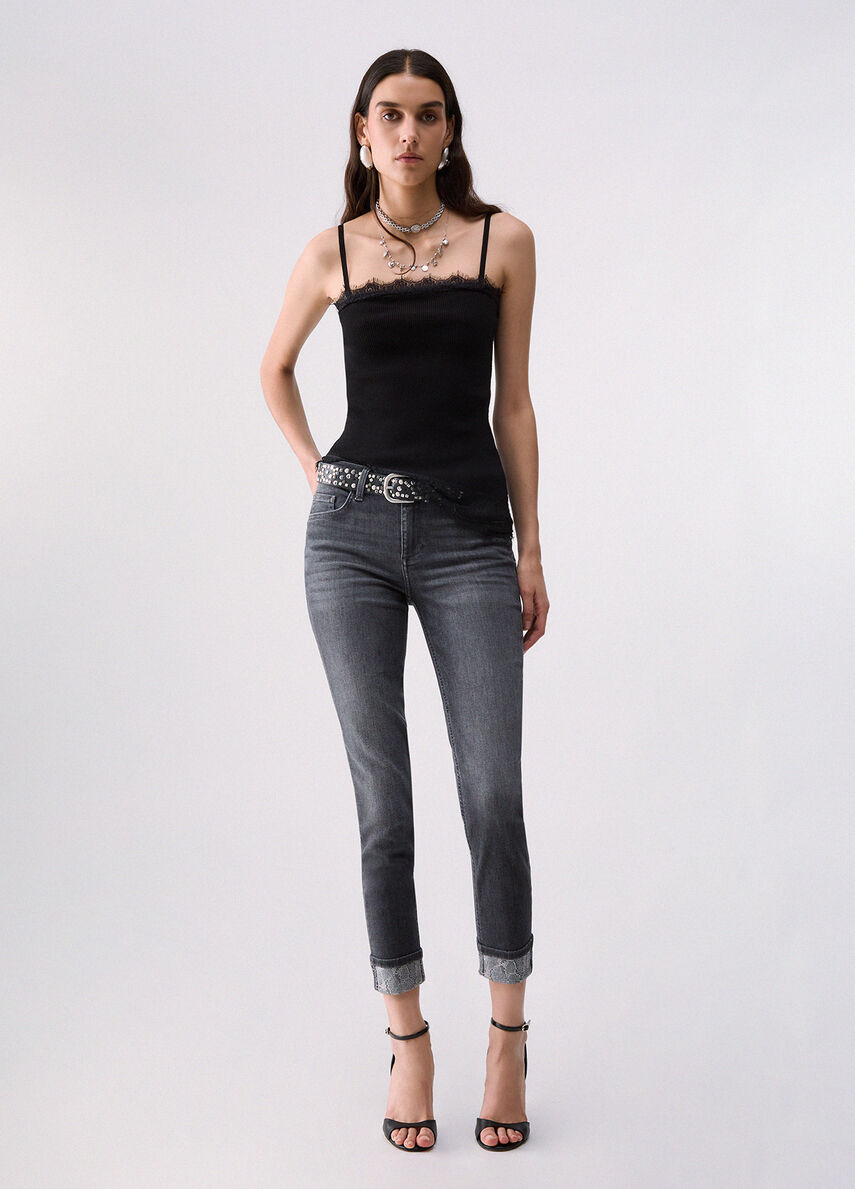 Liu Jo Jeans Monroe Bottom Up Donna Grigio Denim con Dettagli Sparkling UF6006D0305-87506