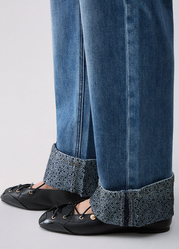 Liu Jo Jeans Straight Donna a Vita Regolare Denim Blu con Fiori UF6113D0365-79094
