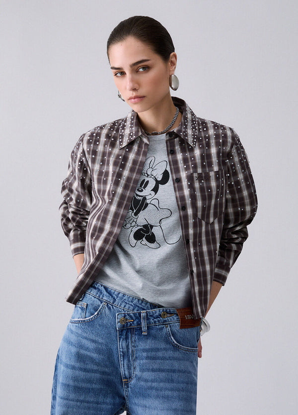 Liu Jo Camicia Donna Manica Lunga Check Walnut con Dettagli Gioiello UF6149T774A-L9474