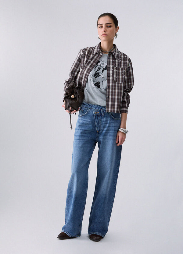 Liu Jo Camicia Donna Manica Lunga Check Walnut con Dettagli Gioiello UF6149T774A-L9474