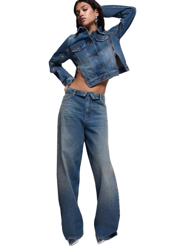 Liu Jo Jeans Donna Wide Leg Denim Blu con Cintone Risvoltato e Zip  Capsule Elodie UF6500D0396-79156