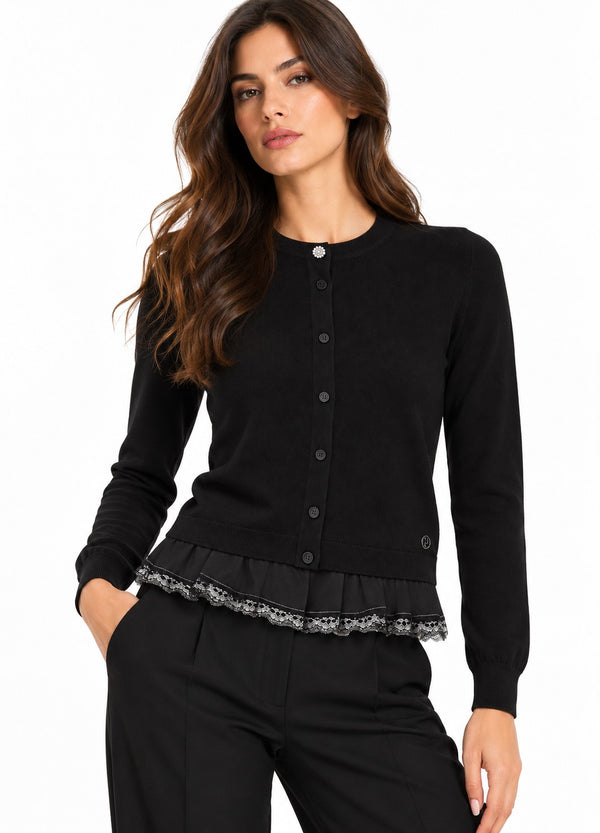Liu Jo Cardigan Donna Nero con Volant e Pizzo WF6034MA16R-22222