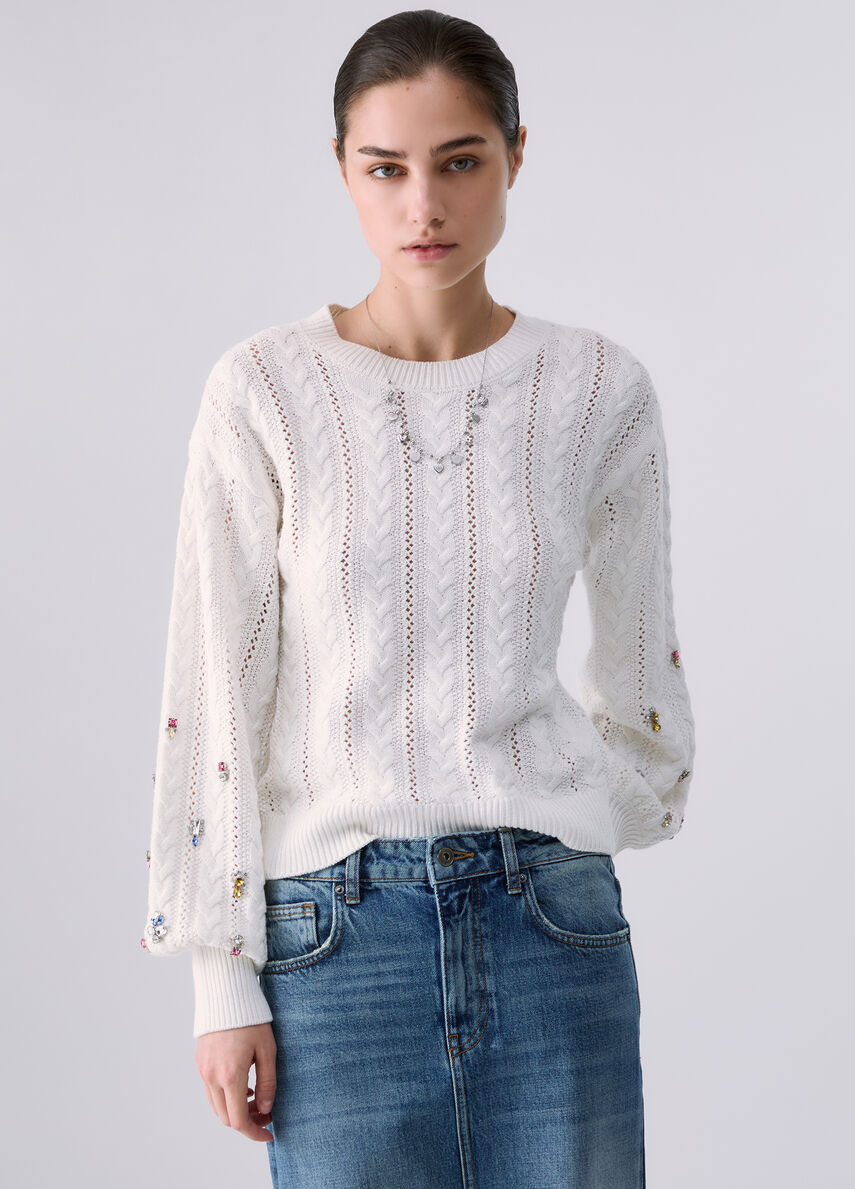 Liu Jo Maglia Donna Bianca in Lana a Trecce con Applicazioni Gioiello WF6090MS051-10701