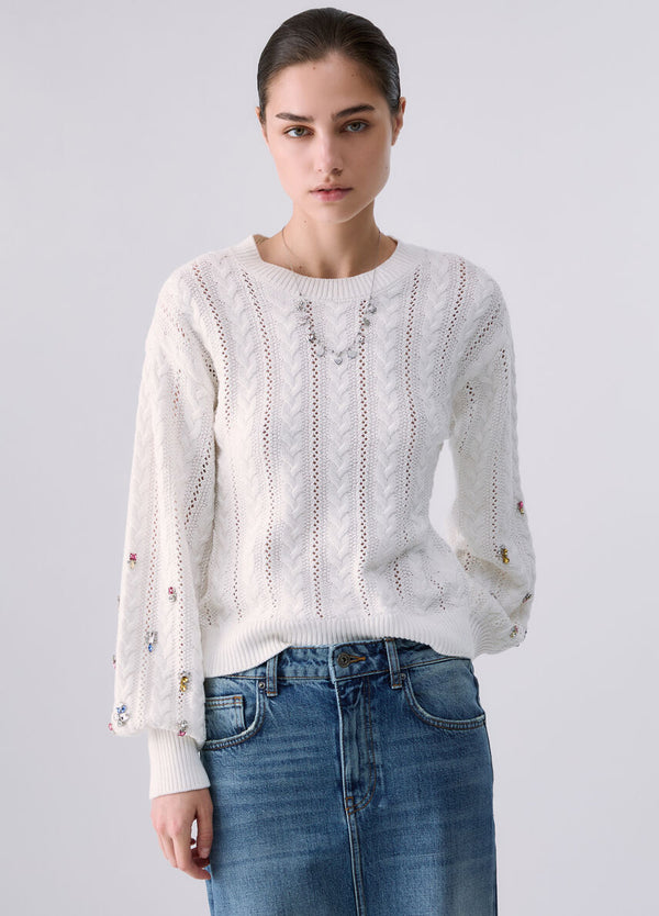 Liu Jo Maglia Donna Bianca in Lana a Trecce con Applicazioni Gioiello WF6090MS051-10701