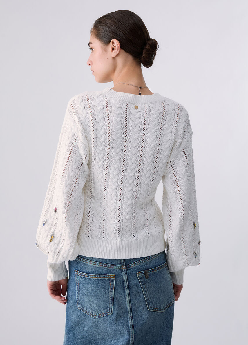 Liu Jo Maglia Donna Bianca in Lana a Trecce con Applicazioni Gioiello WF6090MS051-10701