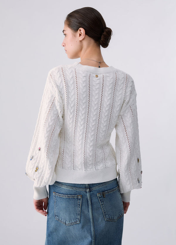 Liu Jo Maglia Donna Bianca in Lana a Trecce con Applicazioni Gioiello WF6090MS051-10701