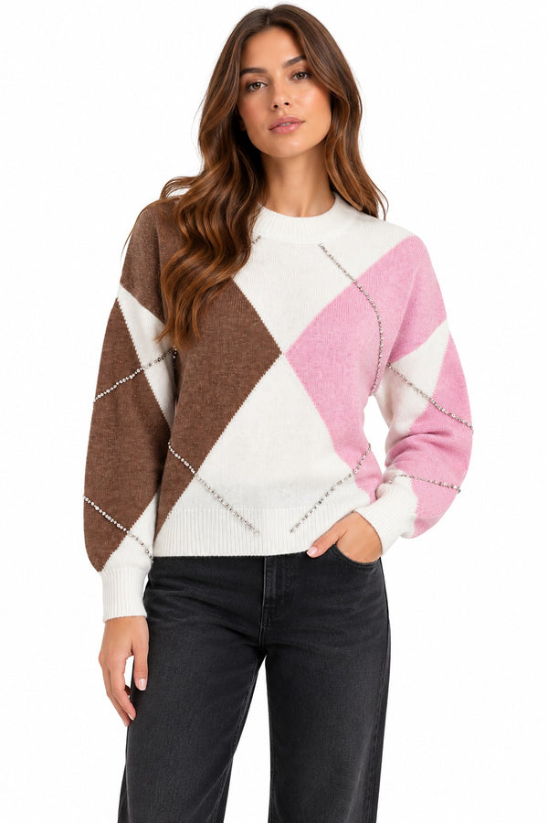 Liu Jo Maglia Donna Argyle Rosa Marrone con Strass WF6184MA15R-L9197