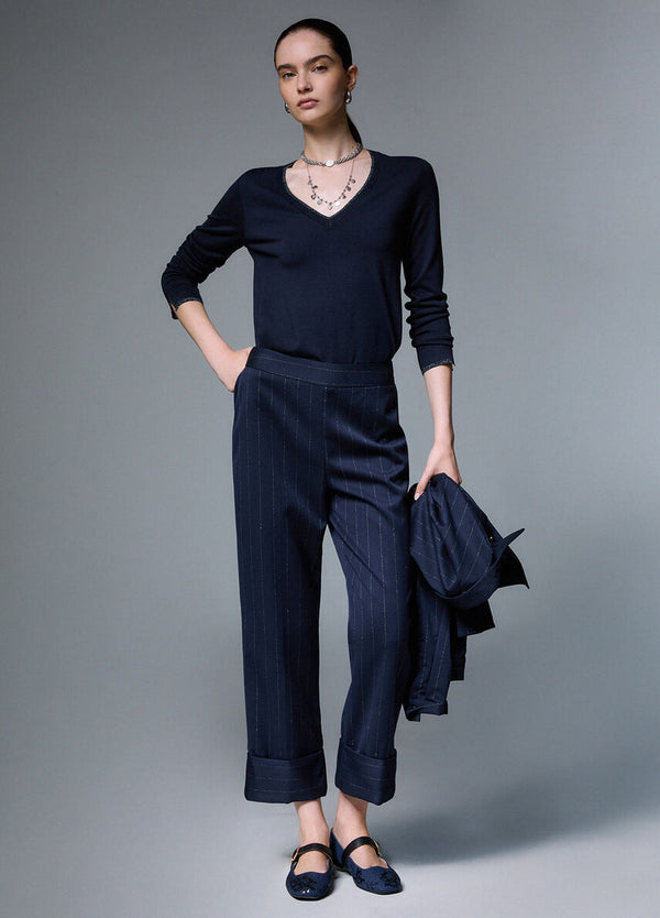 Liu Jo Pantalone Donna Gessato Blu Lurex con Risvolto WF6250T731A-L9173
