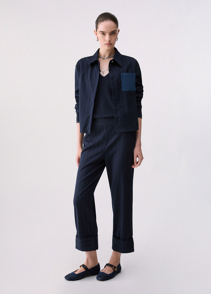 Liu Jo Pantalone Donna Gessato Blu Lurex con Risvolto WF6250T731A-L9173