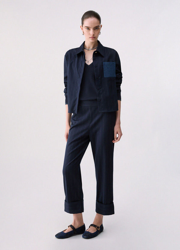 Liu Jo Pantalone Donna Gessato Blu Lurex con Risvolto WF6250T731A-L9173