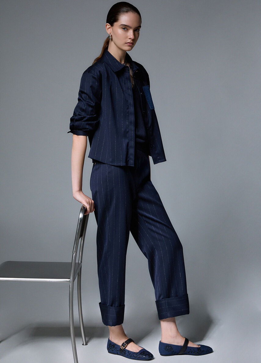 Liu Jo Pantalone Donna Gessato Blu Lurex con Risvolto WF6250T731A-L9173