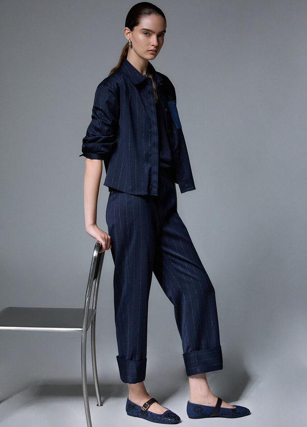 Liu Jo Pantalone Donna Gessato Blu Lurex con Risvolto WF6250T731A-L9173