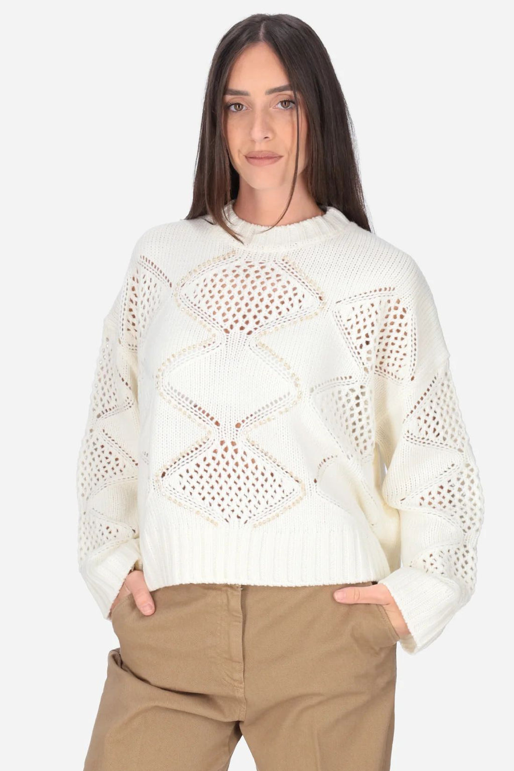 Liu Jo Maglia Corta Donna in Misto Lana Bianca con Perline WF6286MA37R-10701