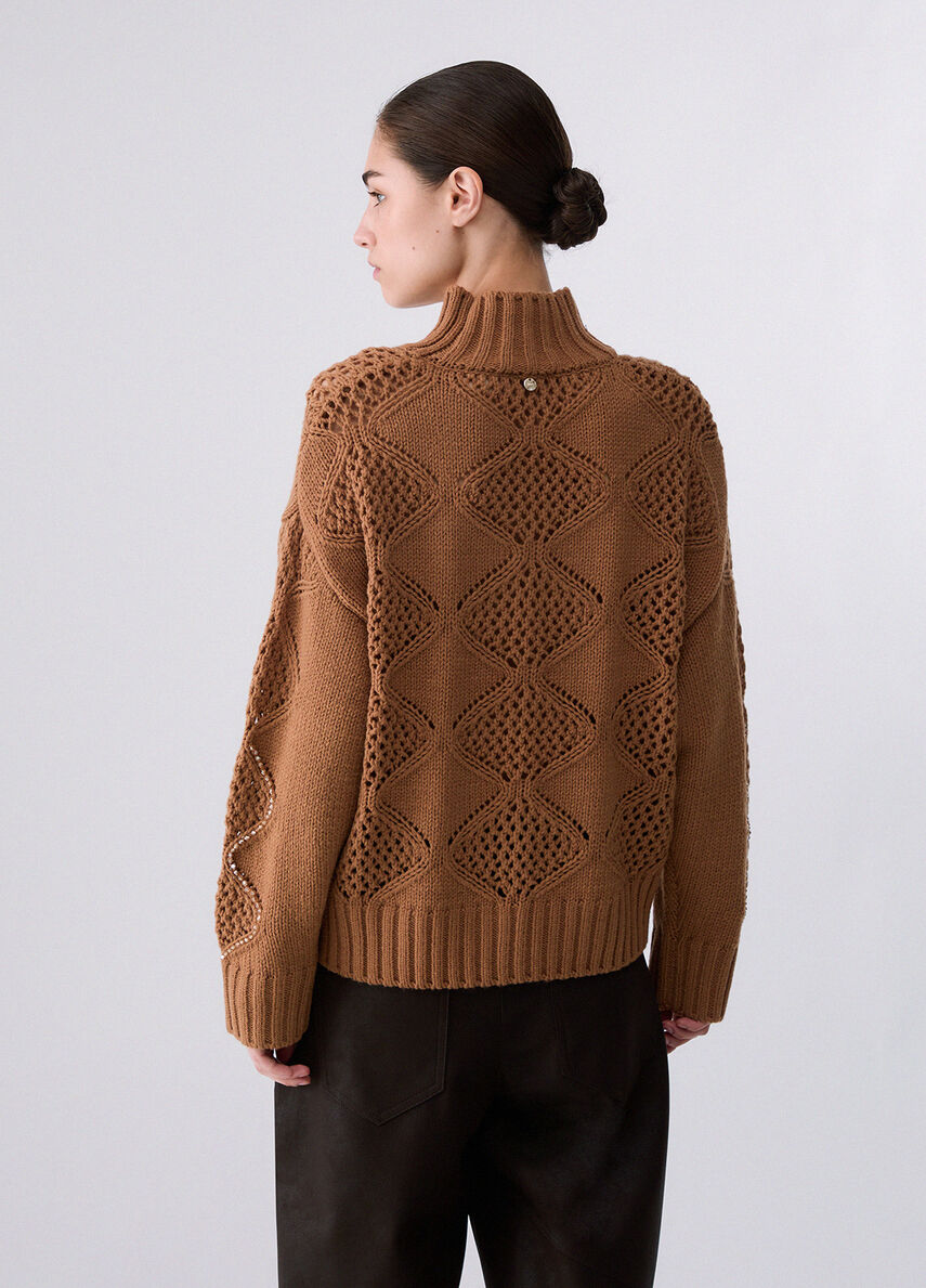 Liu Jo Lupetto Donna in Misto Lana Cocoa Creme con Perline WF6287MA37R-81020