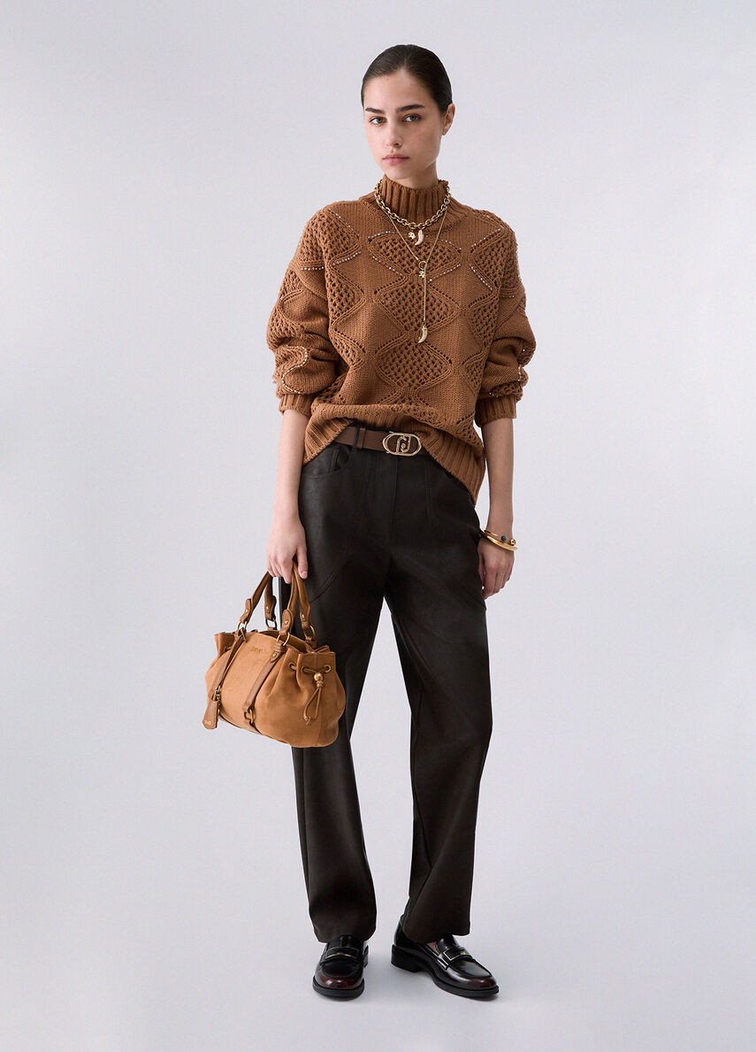 Liu Jo Lupetto Donna in Misto Lana Cocoa Creme con Perline WF6287MA37R-81020