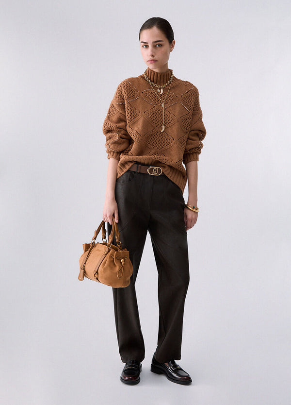 Liu Jo Lupetto Donna in Misto Lana Cocoa Creme con Perline WF6287MA37R-81020