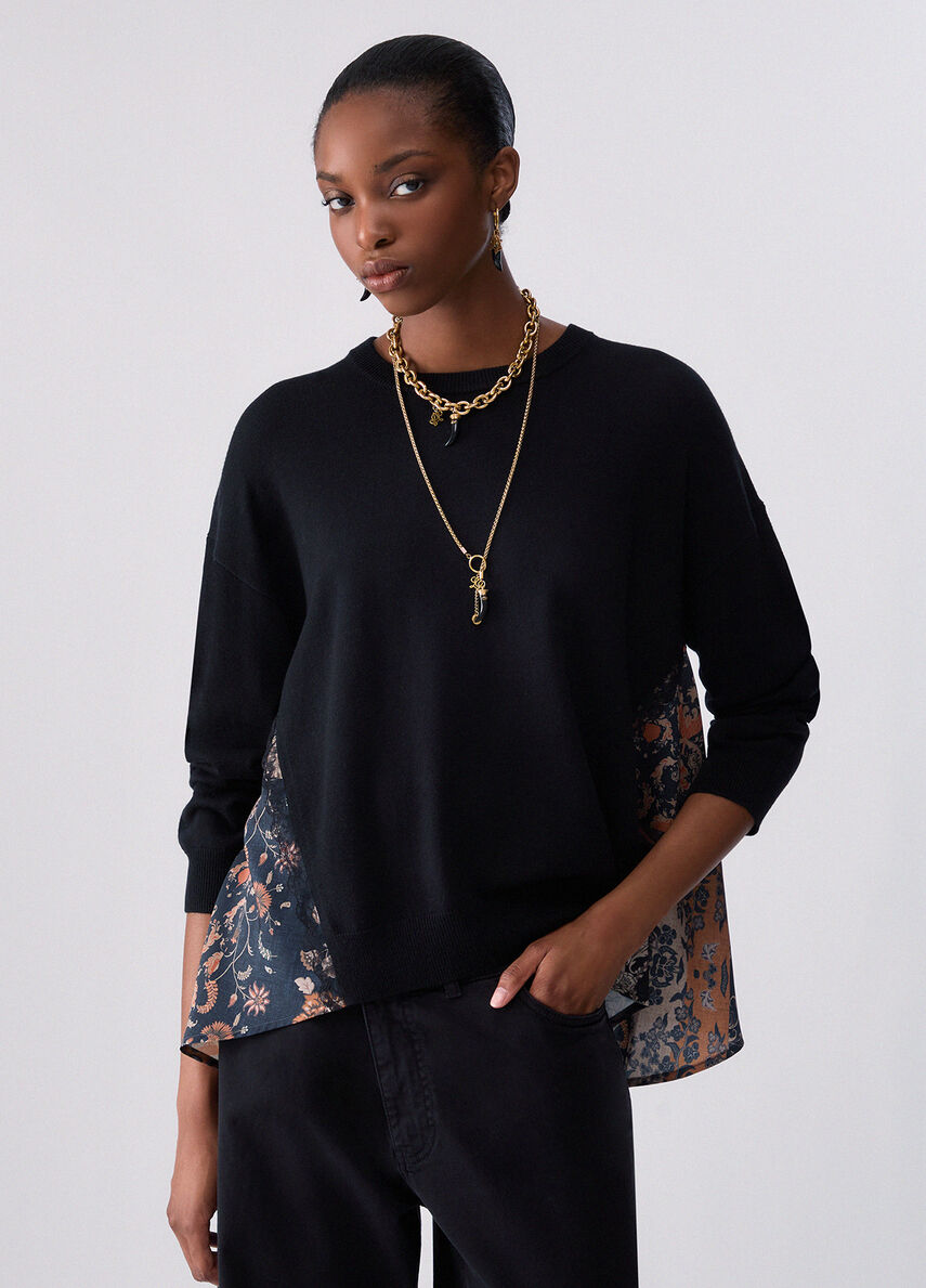 Liu Jo Maglia Donna Black Blossom Patch con Inserti Laterali WF6290MA16R-L9519