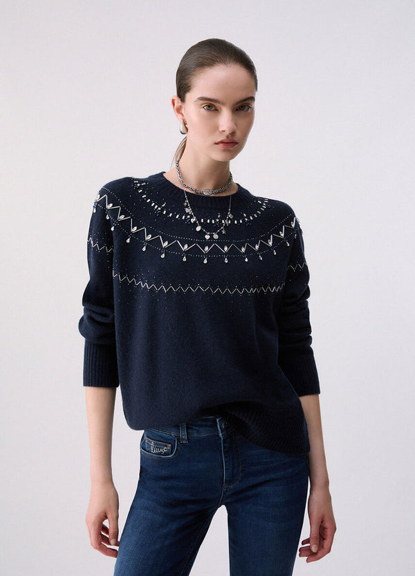 Liu Jo Maglia Donna Girocollo con Ricamo Fair Isle Nuit Noir WF6371MS009-L9528