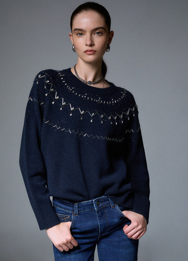 Liu Jo Maglia Donna Girocollo con Ricamo Fair Isle Nuit Noir WF6371MS009-L9528