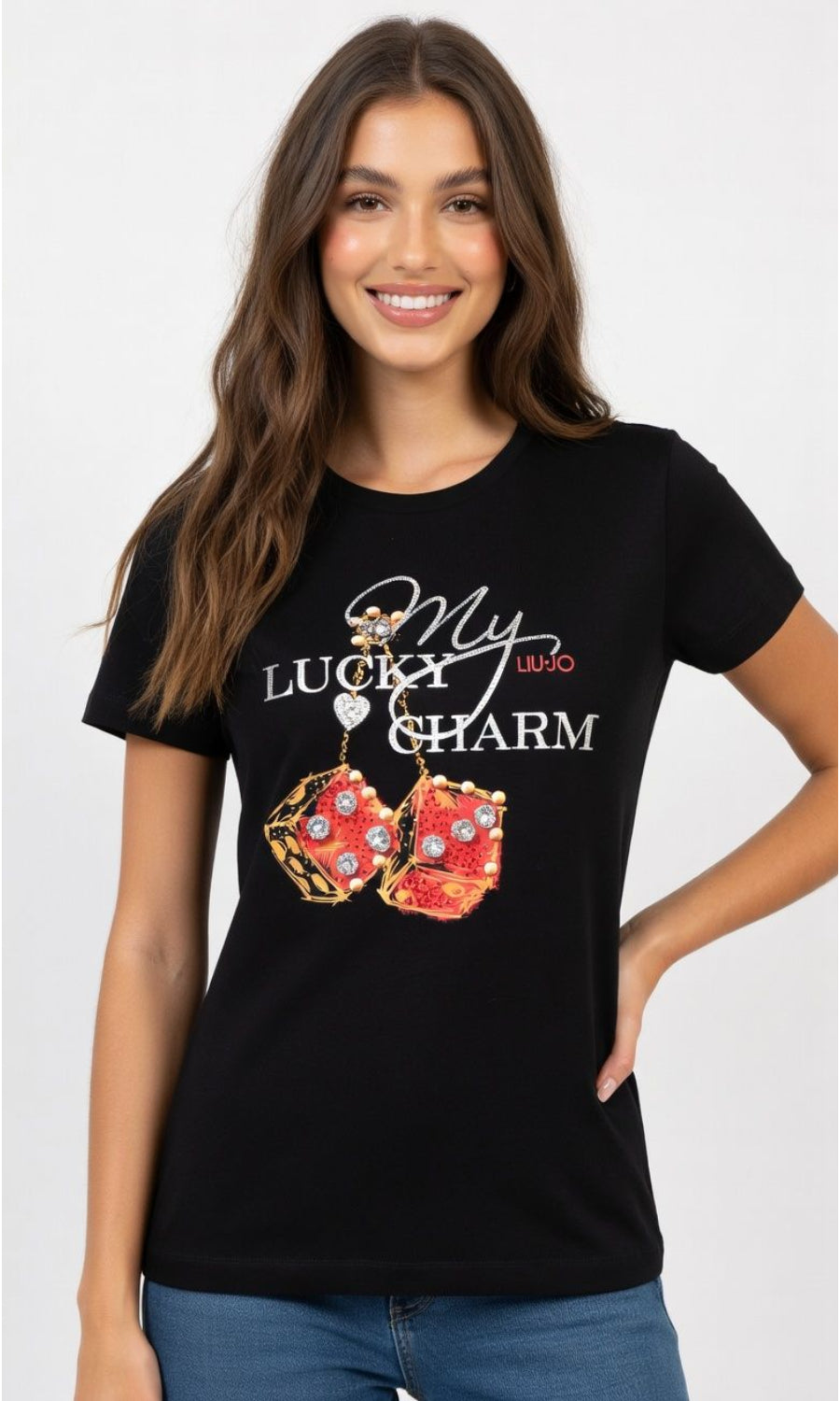 Liu Jo T-Shirt Donna Skinny Fit Manica Corta Nero Lucky Cubes WF6407JS923-L9544