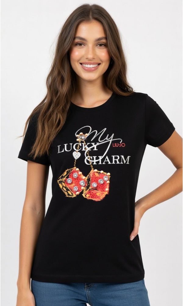 Liu Jo T-Shirt Donna Skinny Fit Manica Corta Nero Lucky Cubes WF6407JS923-L9544