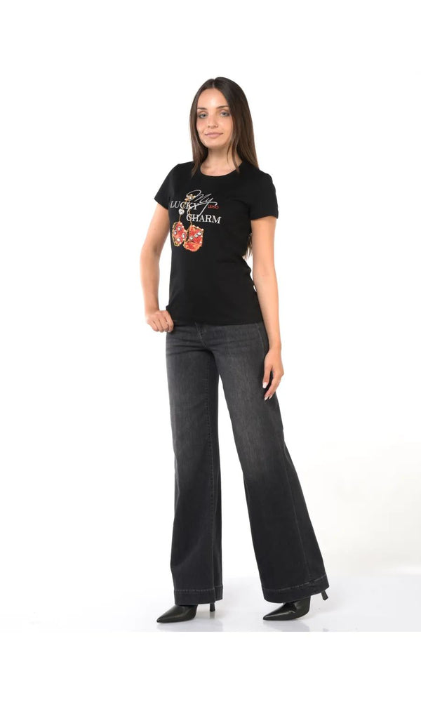 Liu Jo T-Shirt Donna Skinny Fit Manica Corta Nero Lucky Cubes WF6407JS923-L9544