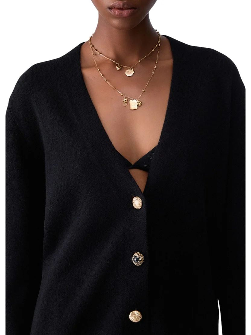 Liu Jo Cardigan Donna Nero con Fodera in Tessuto Stampato e Bottoni Gioiello WF6417MS009-L9456