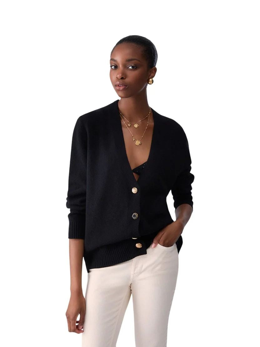 Liu Jo Cardigan Donna Nero con Fodera in Tessuto Stampato e Bottoni Gioiello WF6417MS009-L9456