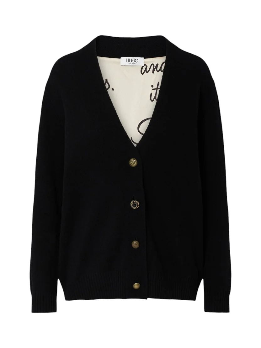Liu Jo Cardigan Donna Nero con Fodera in Tessuto Stampato e Bottoni Gioiello WF6417MS009-L9456