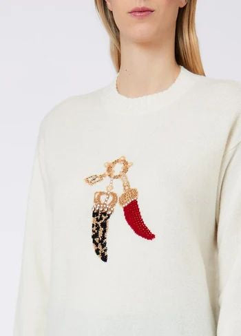 Liu Jo Maglia Donna Lucky Charms a Maniche Lunghe Bianco Lana WF6457MS009-L9458