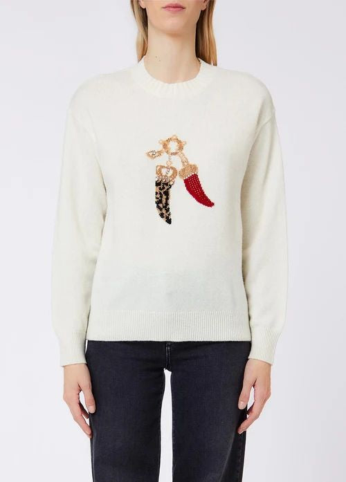 Liu Jo Maglia Donna Lucky Charms a Maniche Lunghe Bianco Lana WF6457MS009-L9458