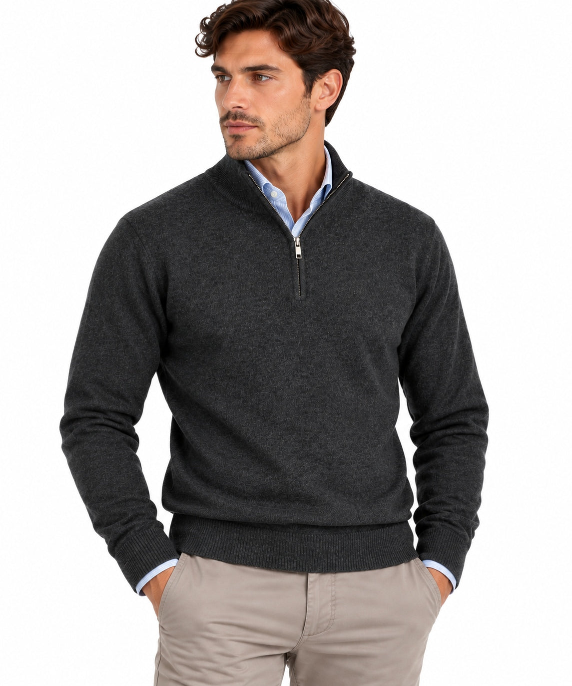 Wool & Co | Maglia Lupetto Uomo con Mezza Zip in Cashmere e Lana Merino | Antracite | WO0024-0012