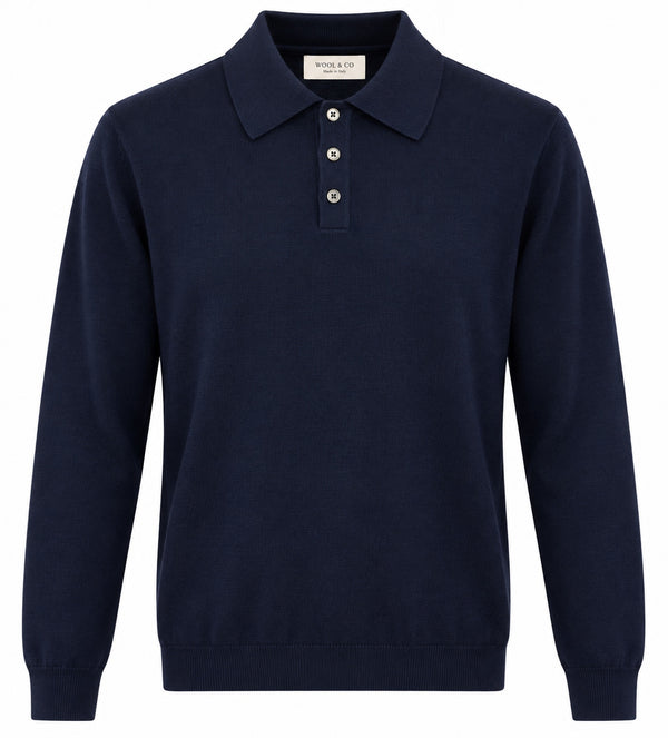 Wool & Co Polo Uomo in Lana Merino Extrafine Blu Finezza 16 WO0074-0023