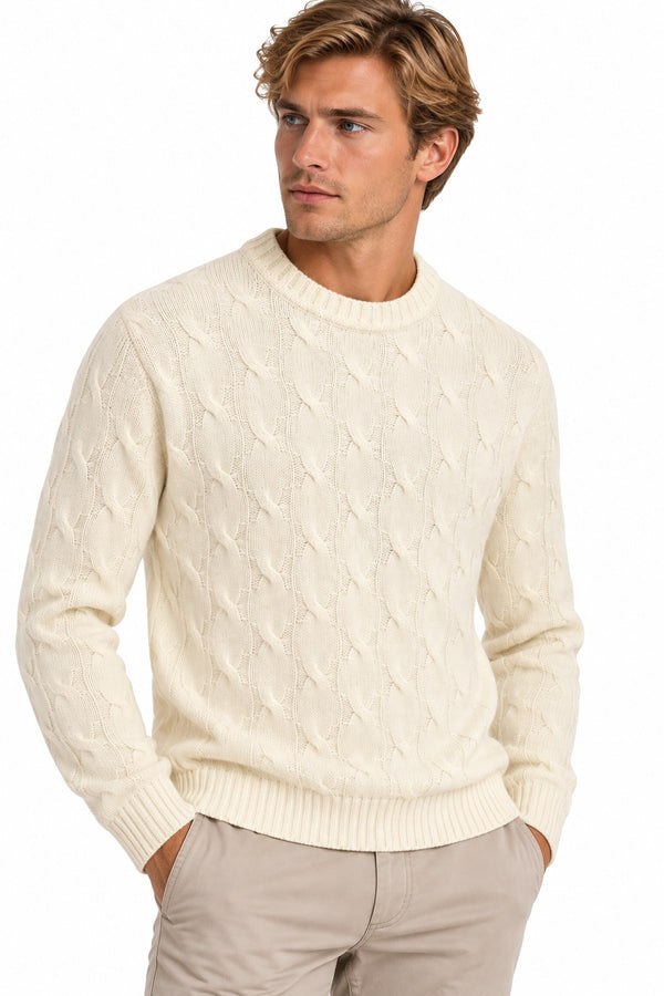 Wool & Co Maglia Girocollo Uomo in Lambswool Panna con Trecce WO0145-0100