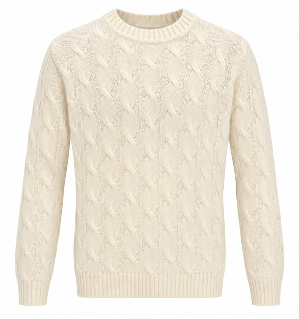 Wool & Co Maglia Girocollo Uomo in Lambswool Panna con Trecce WO0145-0100