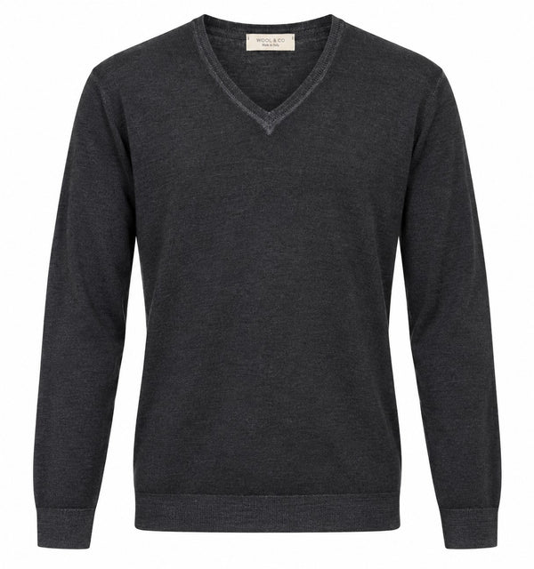 Wool & Co | Maglia Uomo Scollo a V in Lana Merino Extrafine | Antracite | WO1002-0922