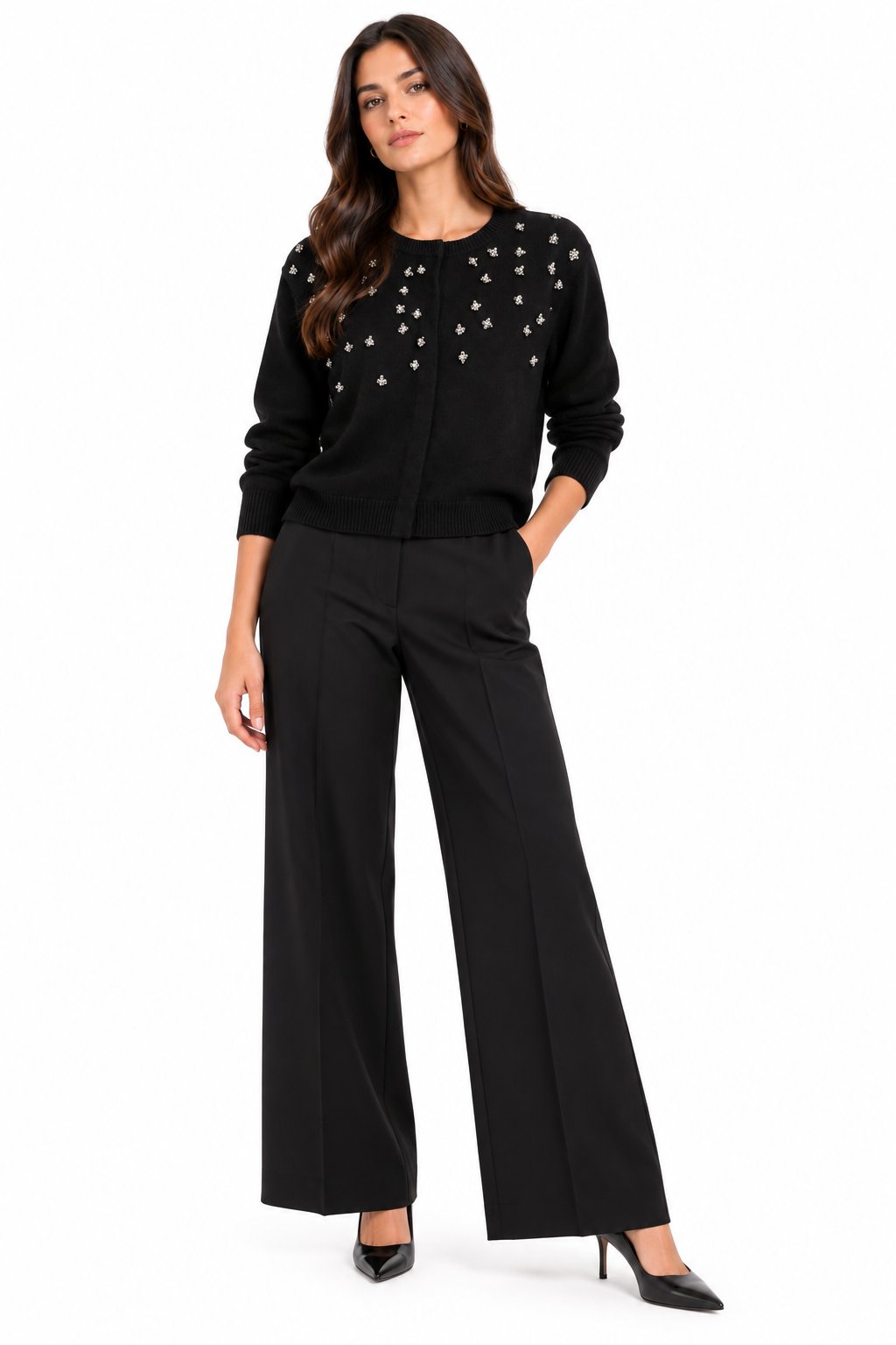 Kaos Cardigan Donna Nero con Applicazioni Gioiello e Girocollo SI1KT012