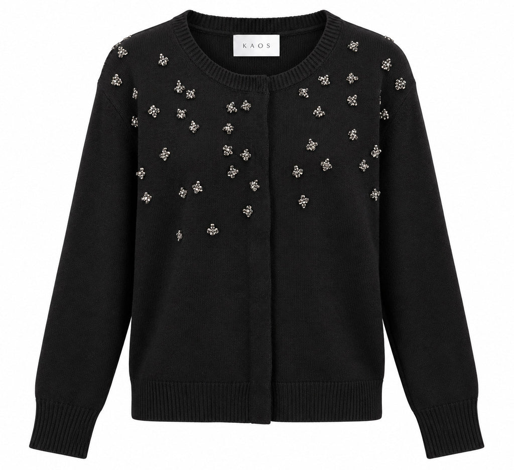 Kaos Cardigan Donna Nero con Applicazioni Gioiello e Girocollo SI1KT012