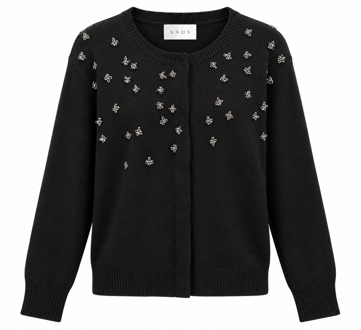 Kaos Cardigan Donna Nero con Applicazioni Gioiello e Girocollo SI1KT012