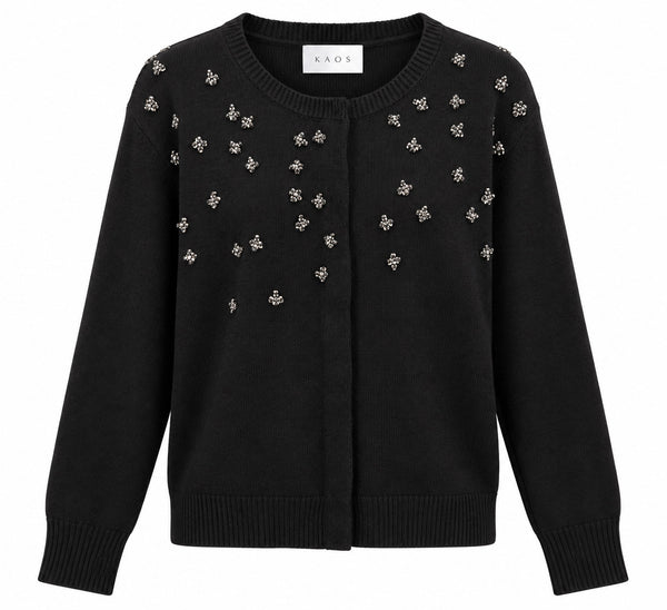 Kaos Cardigan Donna Nero con Applicazioni Gioiello e Girocollo SI1KT012