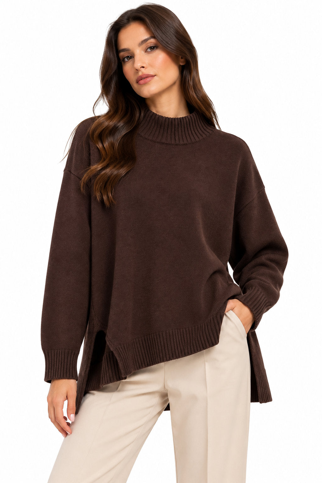 Kaos Maglia Donna Oversize con Collo Alto e Spacchi Laterali Fondente SI1KT018