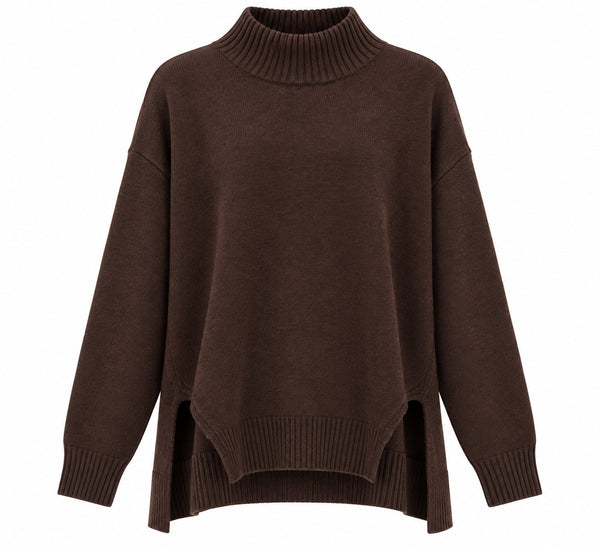 Kaos Maglia Donna Oversize con Collo Alto e Spacchi Laterali Fondente SI1KT018